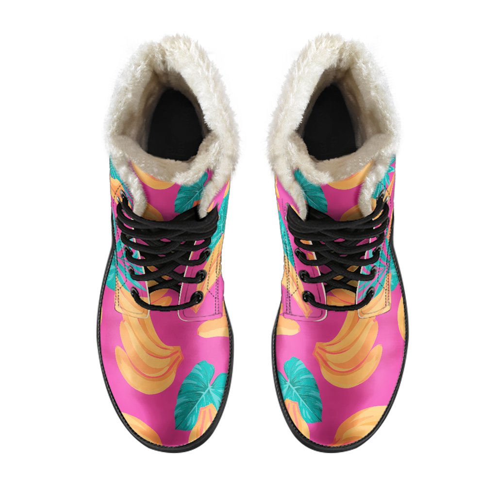 Groovy Vibes: Pink Tropical Banana Print Faux Fur Leather Boots for Hippies - 4