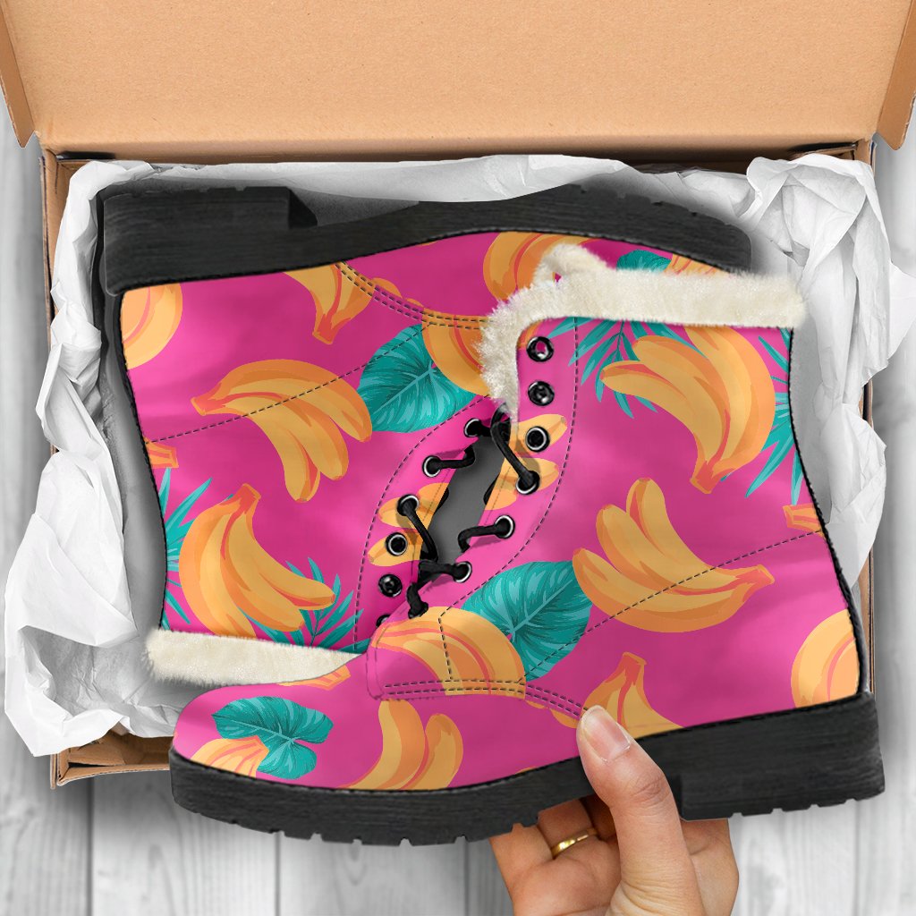 Groovy Vibes: Pink Tropical Banana Print Faux Fur Leather Boots for Hippies - 5