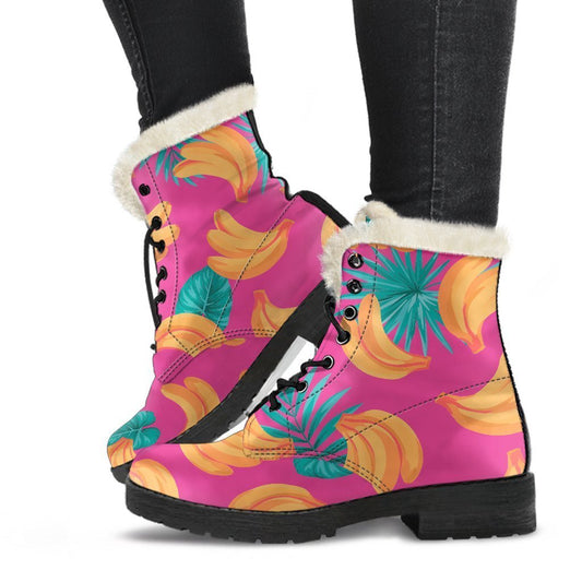 Groovy Vibes: Pink Tropical Banana Print Faux Fur Leather Boots for Hippies - 1