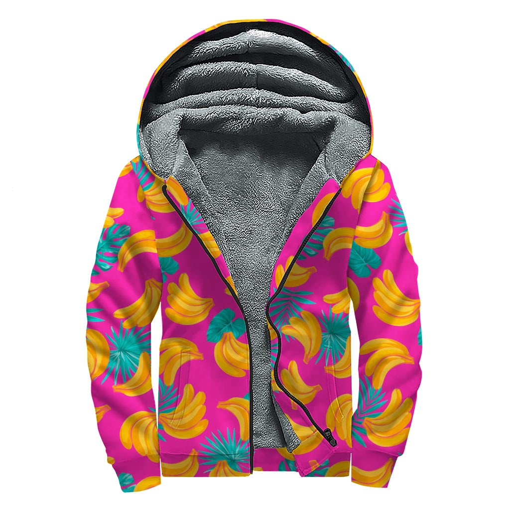 Bohemian Dreams: Pink Tropical Banana Pattern Sherpa Lined Zip Up Hoodie - 1