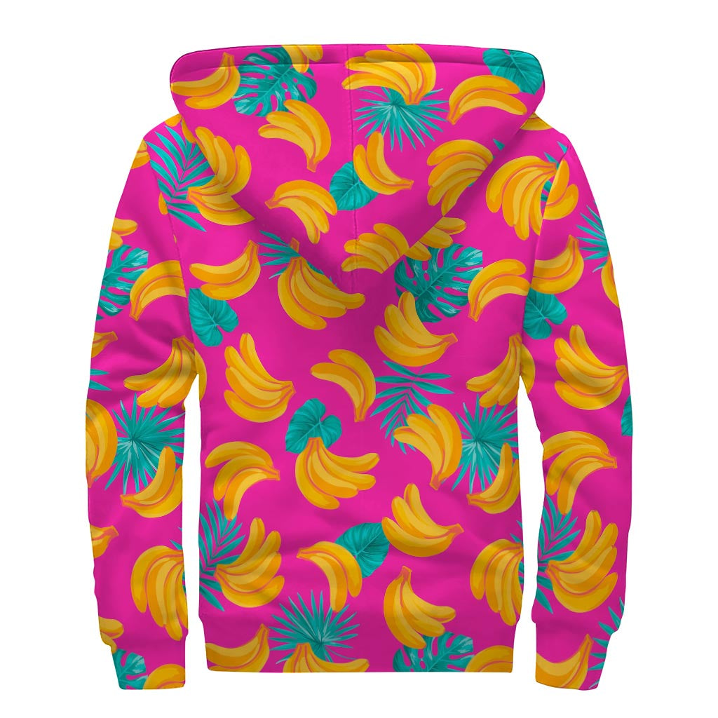 Bohemian Dreams: Pink Tropical Banana Pattern Sherpa Lined Zip Up Hoodie - 2