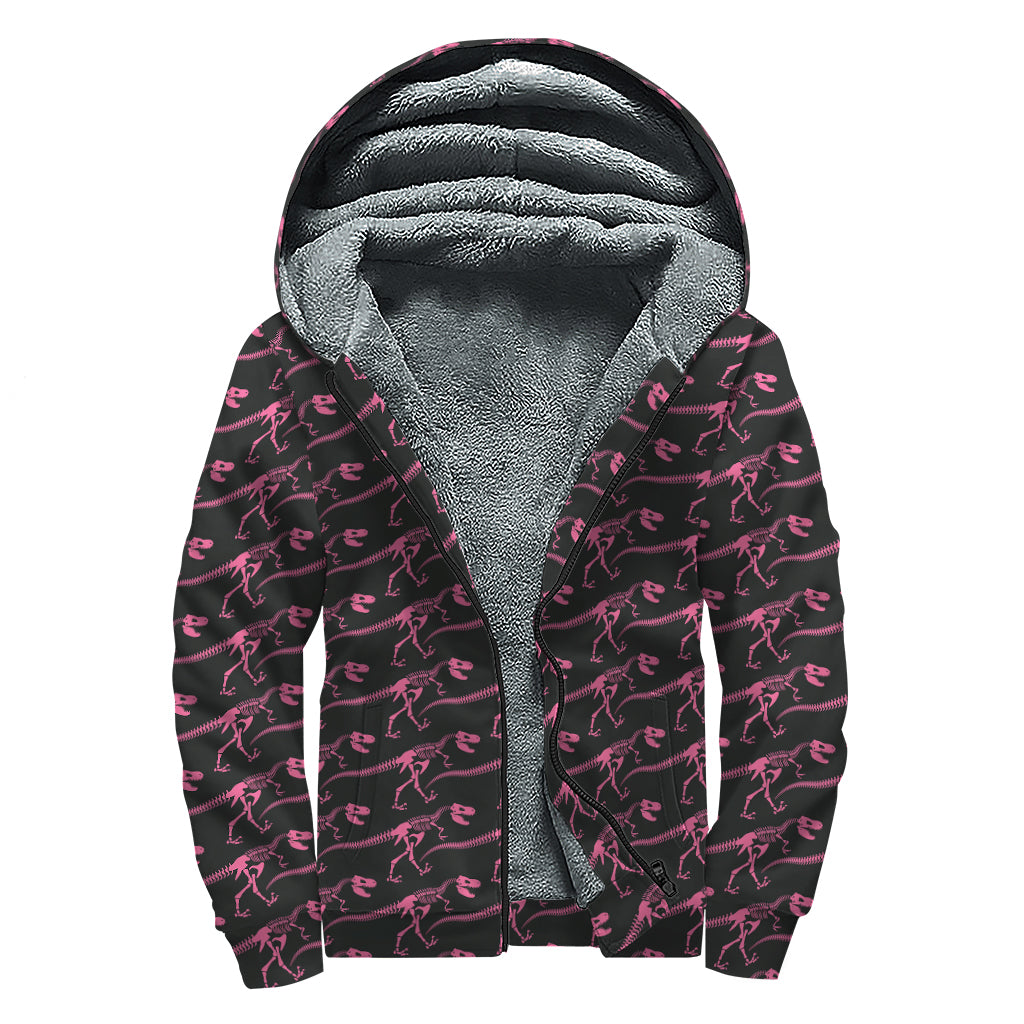 Pink Tyrannosaurus Fossil Pattern Sherpa Lined Hoodie for Hippie Fashionistas - 1