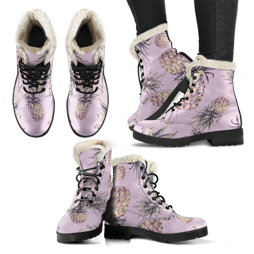 Pink Vintage Pineapple Pattern Print Faux Fur Leather Boots: Dreamy Hippie Style for Modern Free Spirits - 2