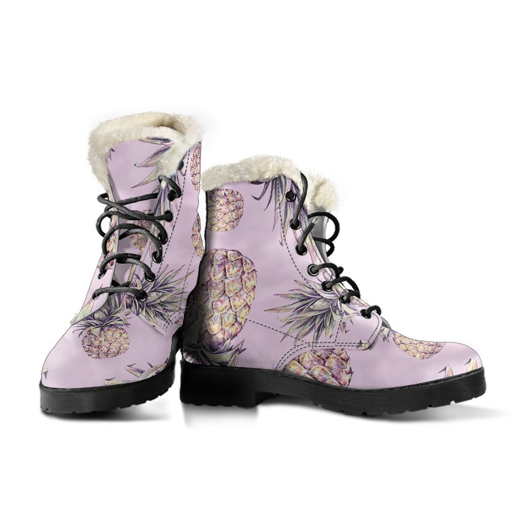 Pink Vintage Pineapple Pattern Print Faux Fur Leather Boots: Dreamy Hippie Style for Modern Free Spirits - 3