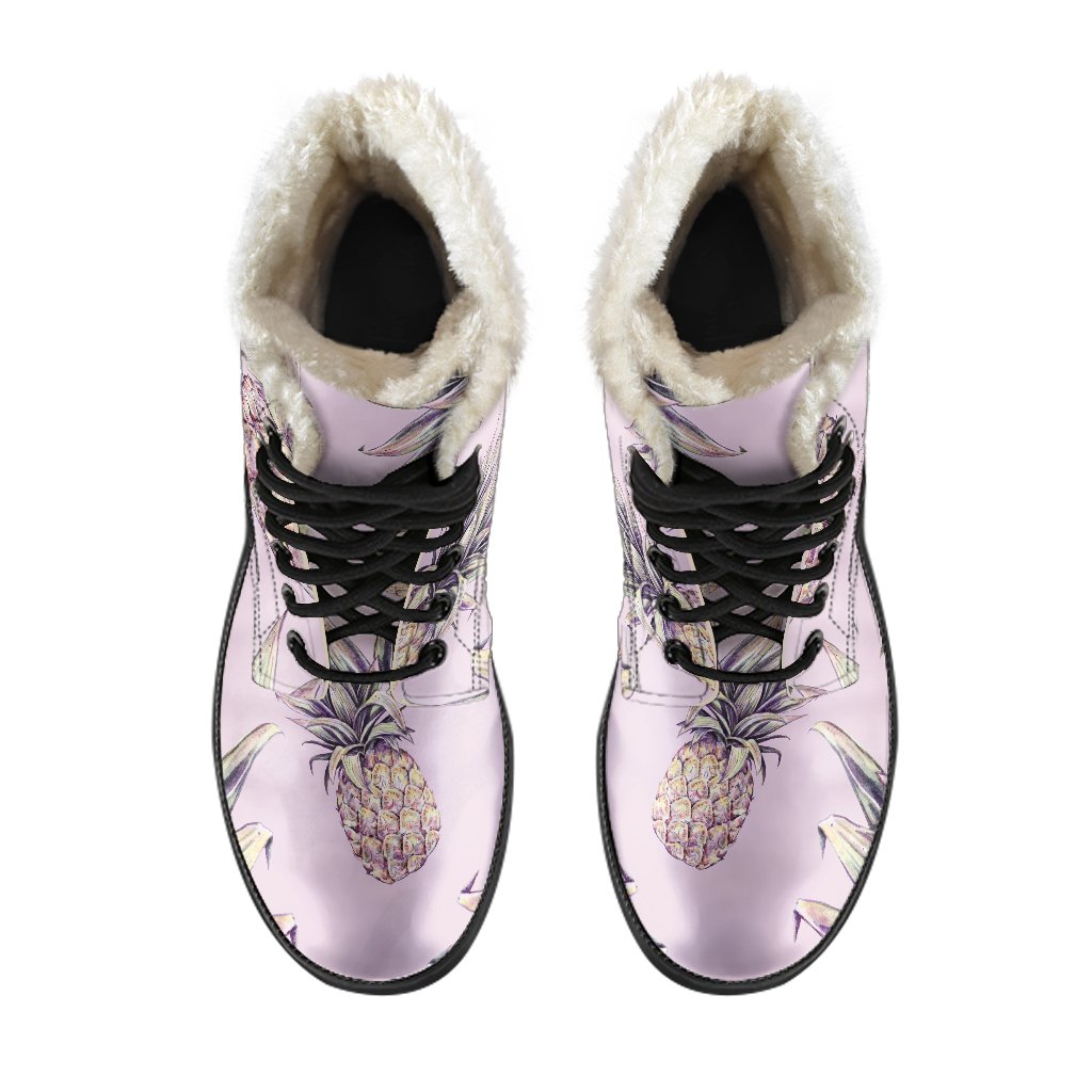 Pink Vintage Pineapple Pattern Print Faux Fur Leather Boots: Dreamy Hippie Style for Modern Free Spirits - 4