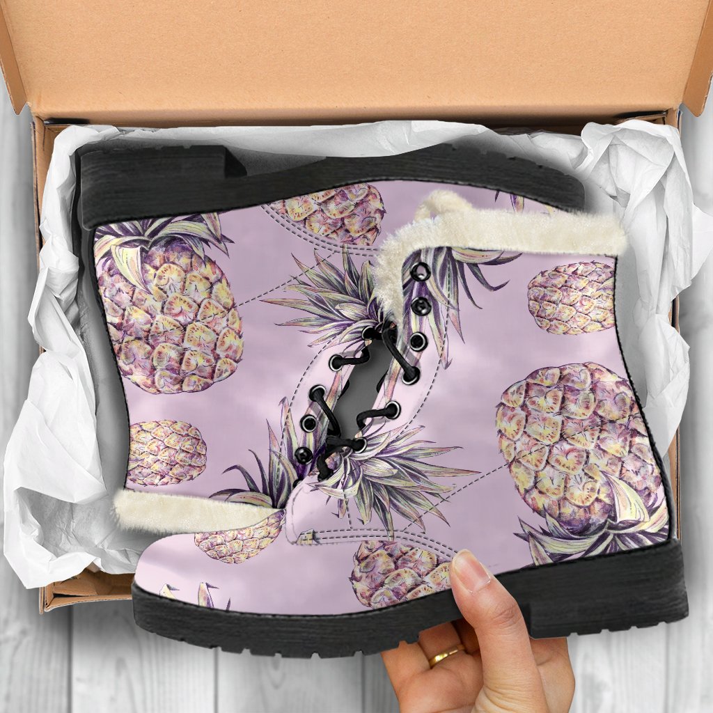 Pink Vintage Pineapple Pattern Print Faux Fur Leather Boots: Dreamy Hippie Style for Modern Free Spirits - 5