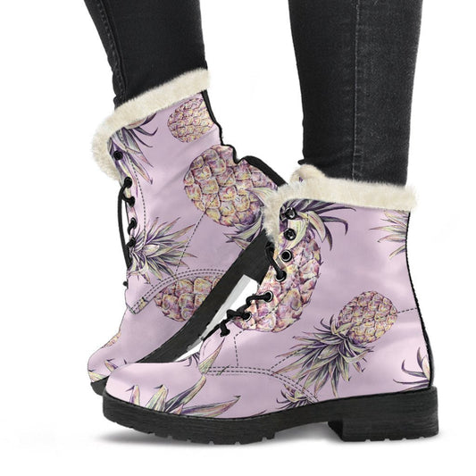 Pink Vintage Pineapple Pattern Print Faux Fur Leather Boots: Dreamy Hippie Style for Modern Free Spirits - 1