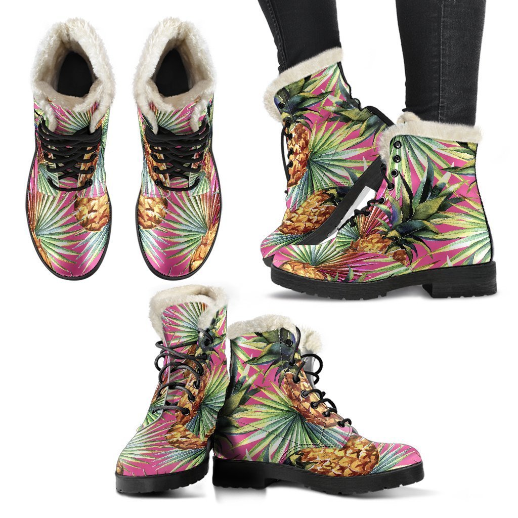 Pink Watercolor Pineapple Pattern Faux Fur Leather Boots: Step Out in Hippie Style - 2