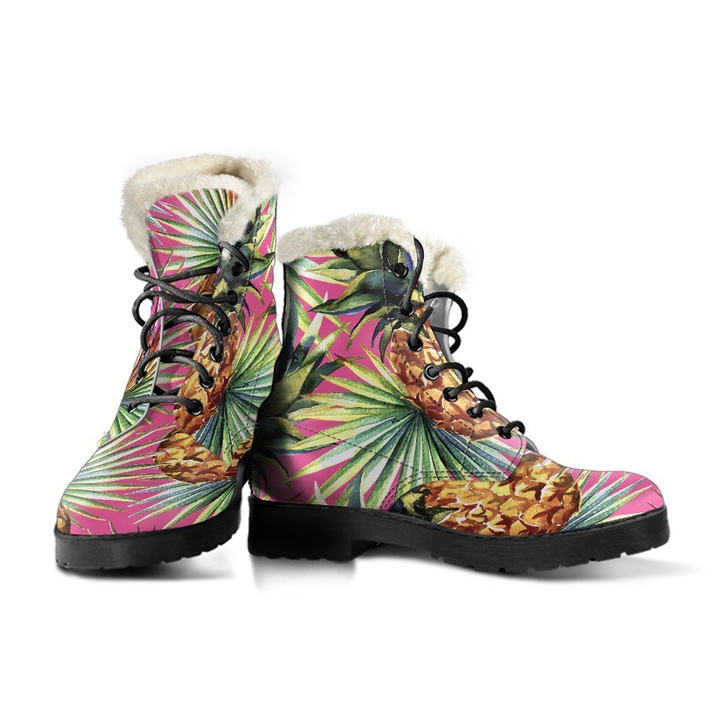 Pink Watercolor Pineapple Pattern Faux Fur Leather Boots: Step Out in Hippie Style - 3