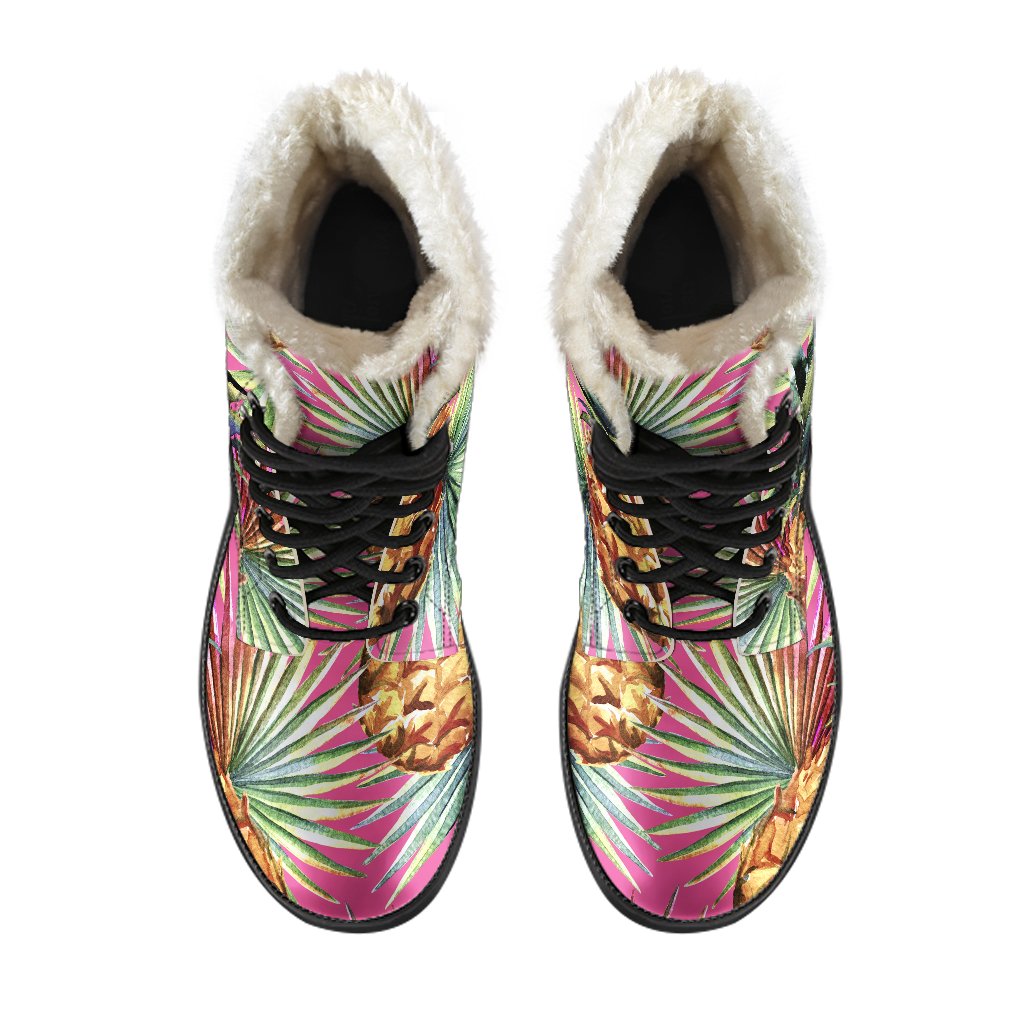 Pink Watercolor Pineapple Pattern Faux Fur Leather Boots: Step Out in Hippie Style - 4