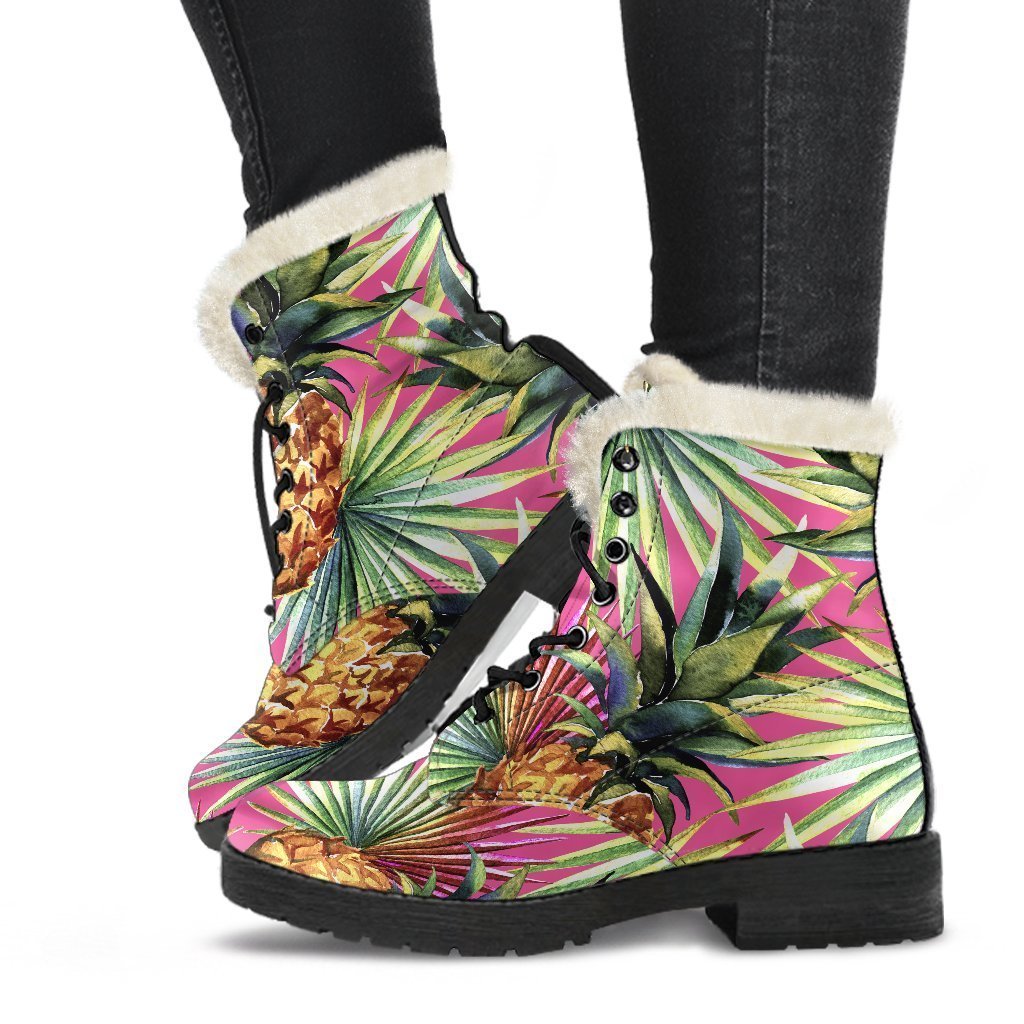 Pink Watercolor Pineapple Pattern Faux Fur Leather Boots: Step Out in Hippie Style - 1