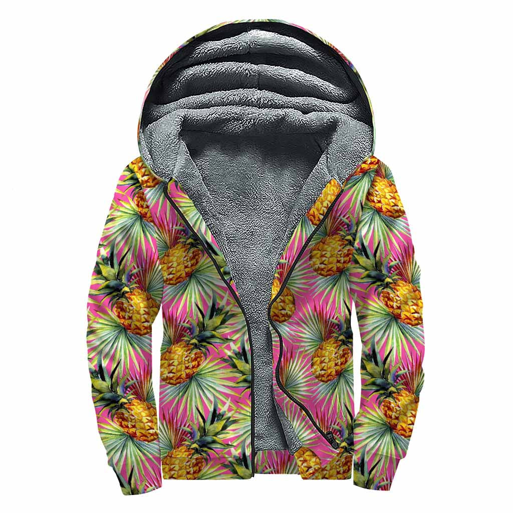 Boho Bliss: Sherpa Lined Zip Up Hoodie with Pink Watercolor Pineapple Pattern - 1