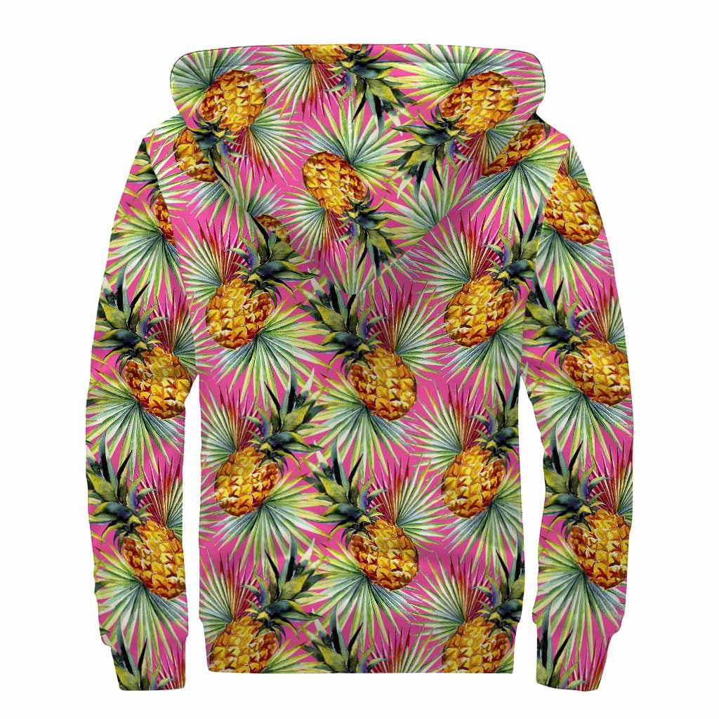 Boho Bliss: Sherpa Lined Zip Up Hoodie with Pink Watercolor Pineapple Pattern - 2