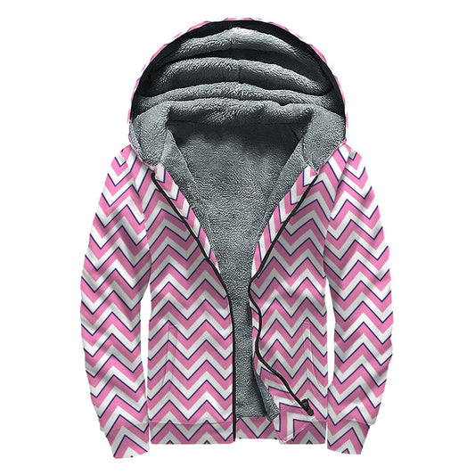 Groovy Pink, White, and Navy Chevron Print Sherpa Lined Hippie Zip Up Hoodie - 1