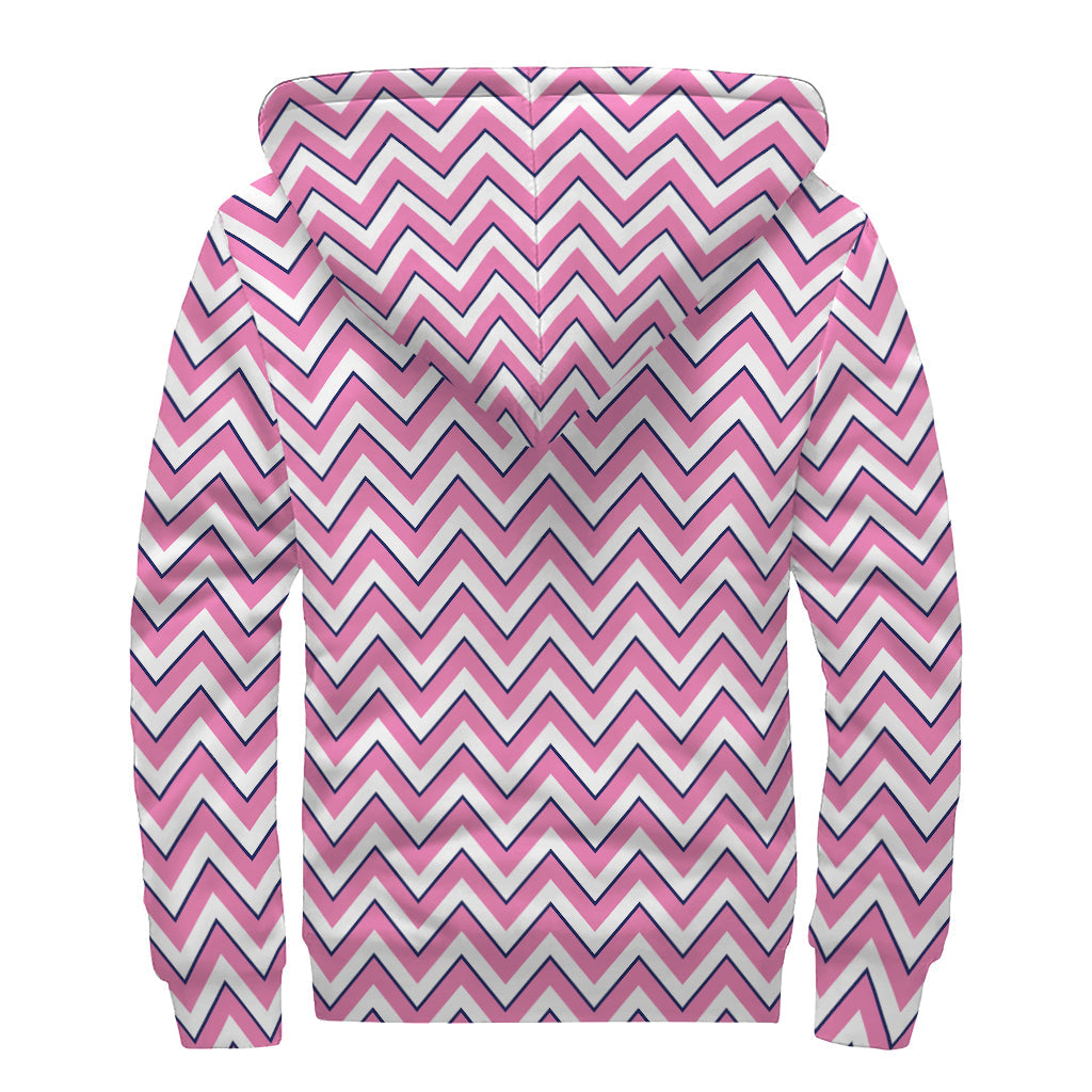 Groovy Pink, White, and Navy Chevron Print Sherpa Lined Hippie Zip Up Hoodie - 2