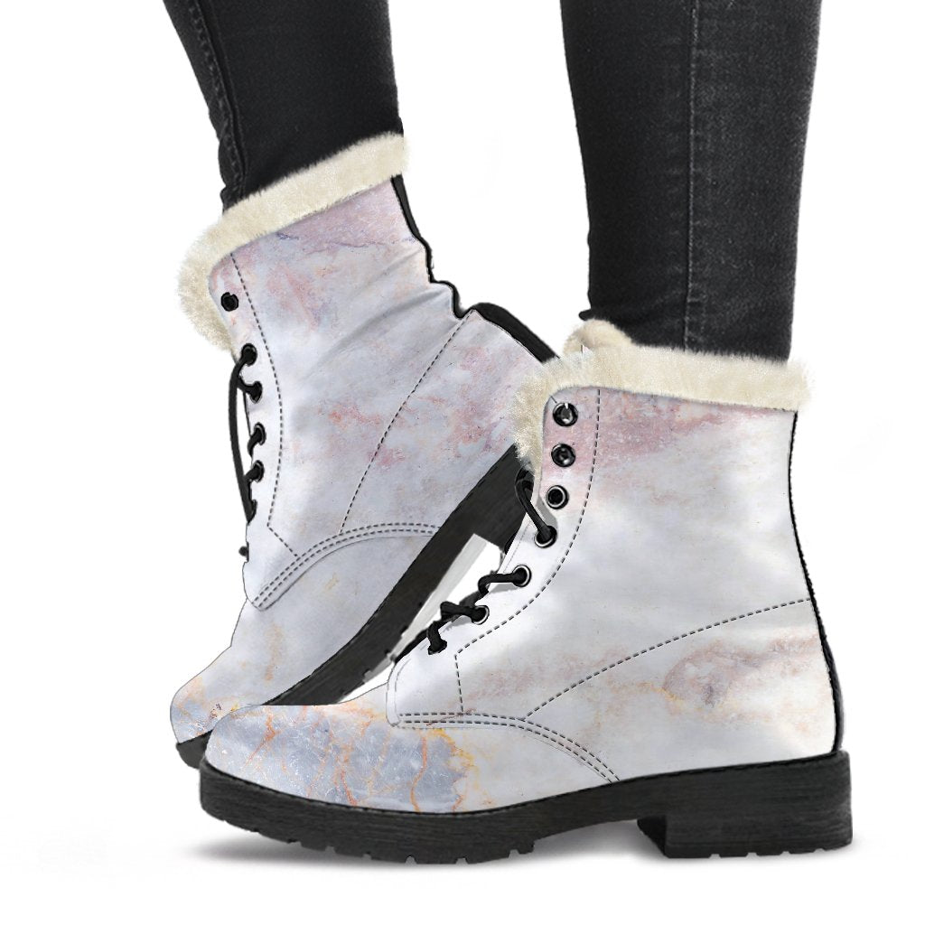 Groovy Vibes: Pink, White, Grey Marble Print Faux Fur Leather Boots for Hippies - 2