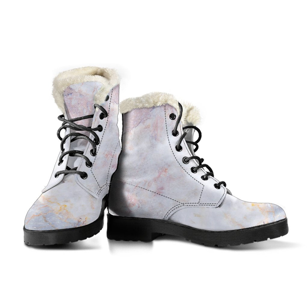 Groovy Vibes: Pink, White, Grey Marble Print Faux Fur Leather Boots for Hippies - 3