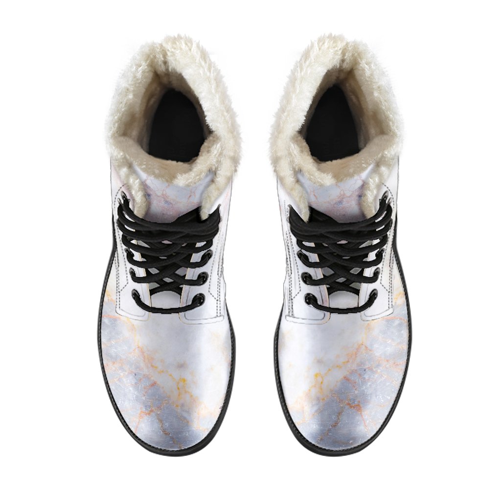 Groovy Vibes: Pink, White, Grey Marble Print Faux Fur Leather Boots for Hippies - 4