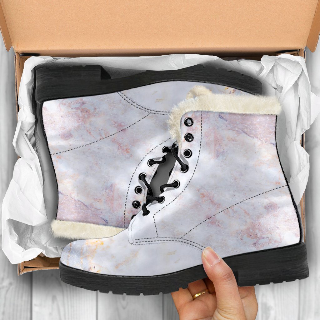 Groovy Vibes: Pink, White, Grey Marble Print Faux Fur Leather Boots for Hippies - 5