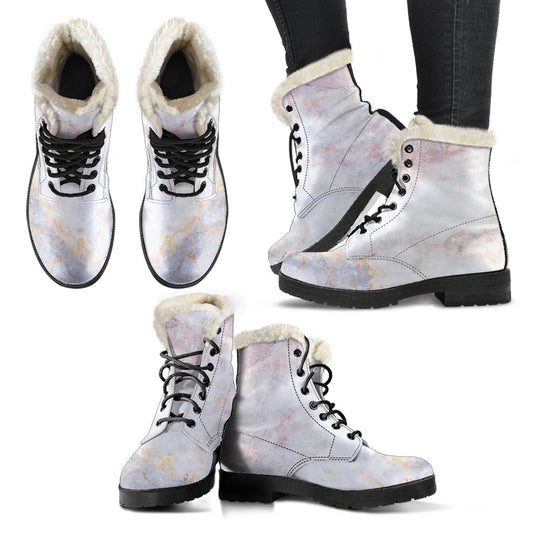 Groovy Vibes: Pink, White, Grey Marble Print Faux Fur Leather Boots for Hippies - 1