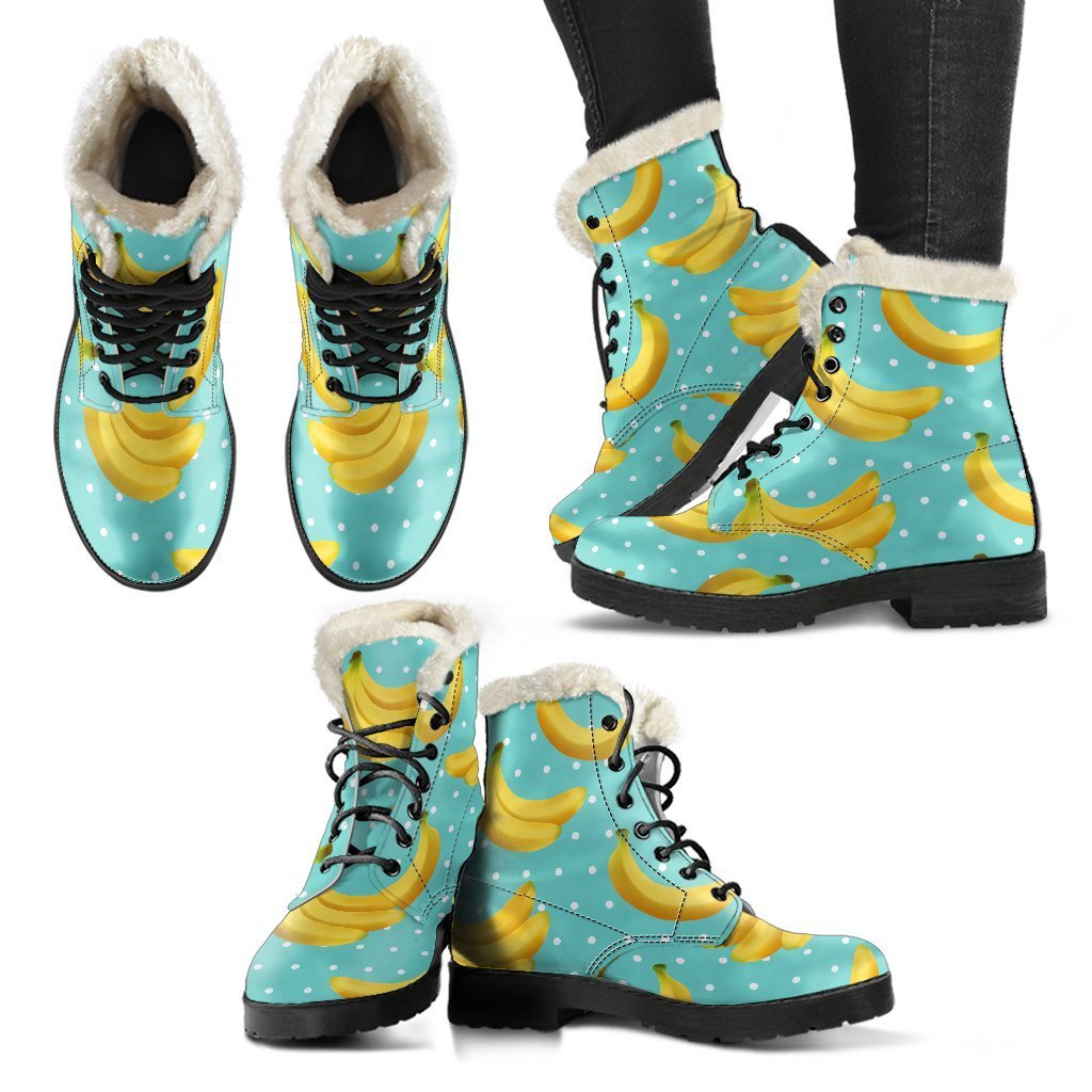 Groovy Vibes: Polka Dot Banana Pattern Faux Fur Leather Boots for the Free-Spirited Hippie - 2