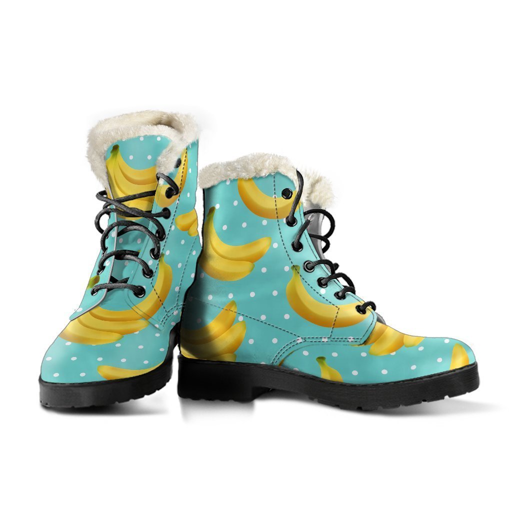 Groovy Vibes: Polka Dot Banana Pattern Faux Fur Leather Boots for the Free-Spirited Hippie - 3