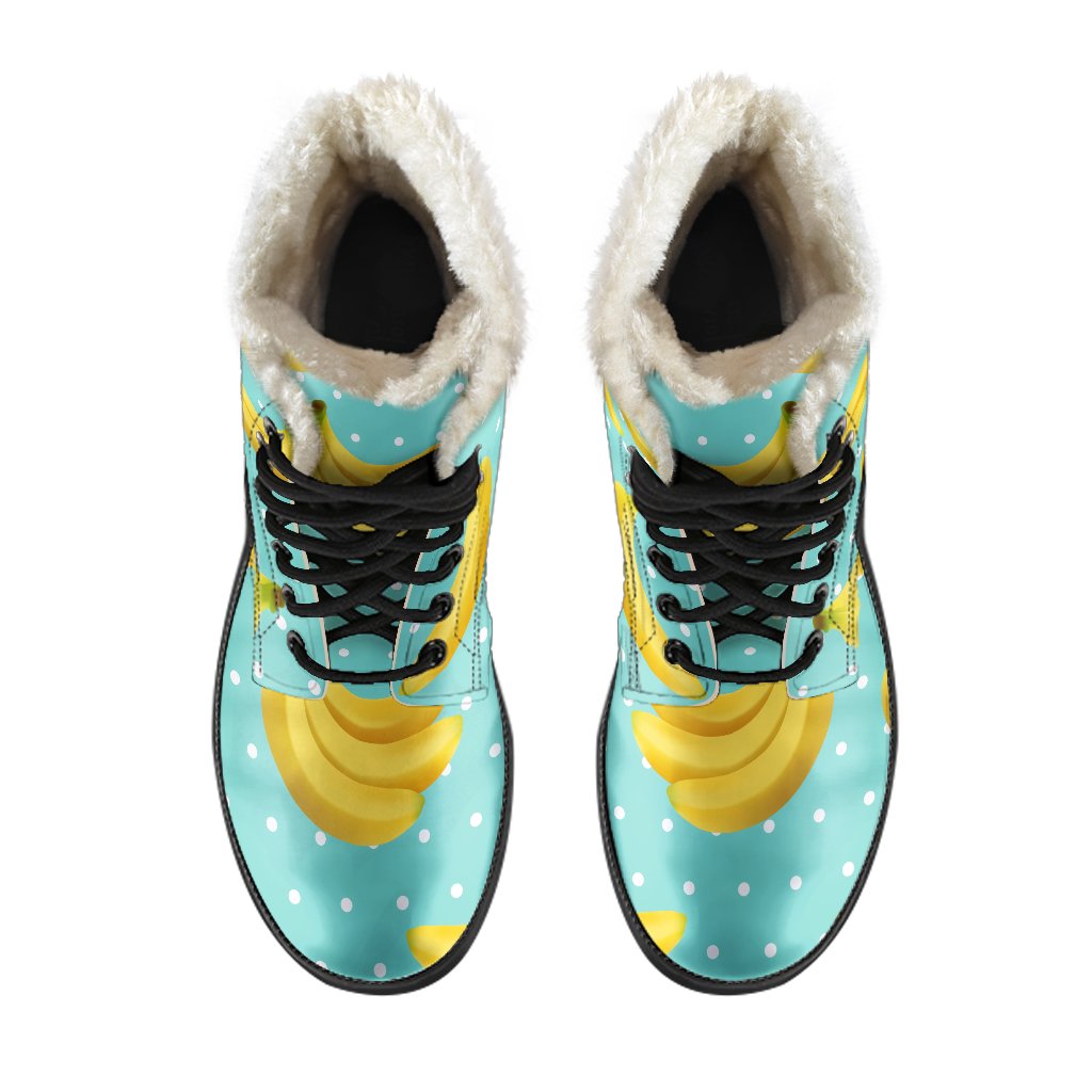 Groovy Vibes: Polka Dot Banana Pattern Faux Fur Leather Boots for the Free-Spirited Hippie - 4