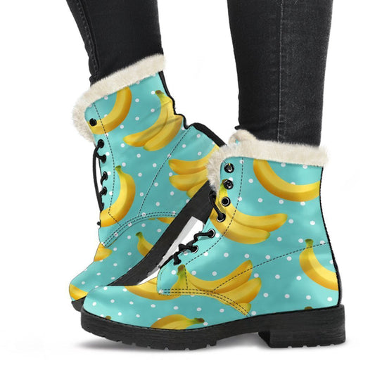 Groovy Vibes: Polka Dot Banana Pattern Faux Fur Leather Boots for the Free-Spirited Hippie - 1