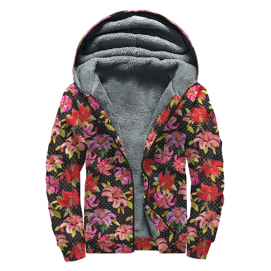 Polka Dot Lily Pattern Sherpa Lined Zip Up Hoodie for Groovy Hippies - 1