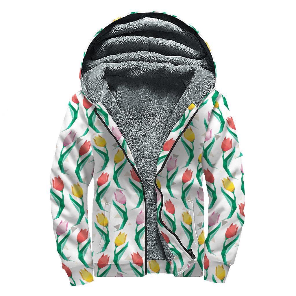 Polygon Tulip Pattern Sherpa-Lined Zip Up Hoodie for Free-Spirited Hippies - 1