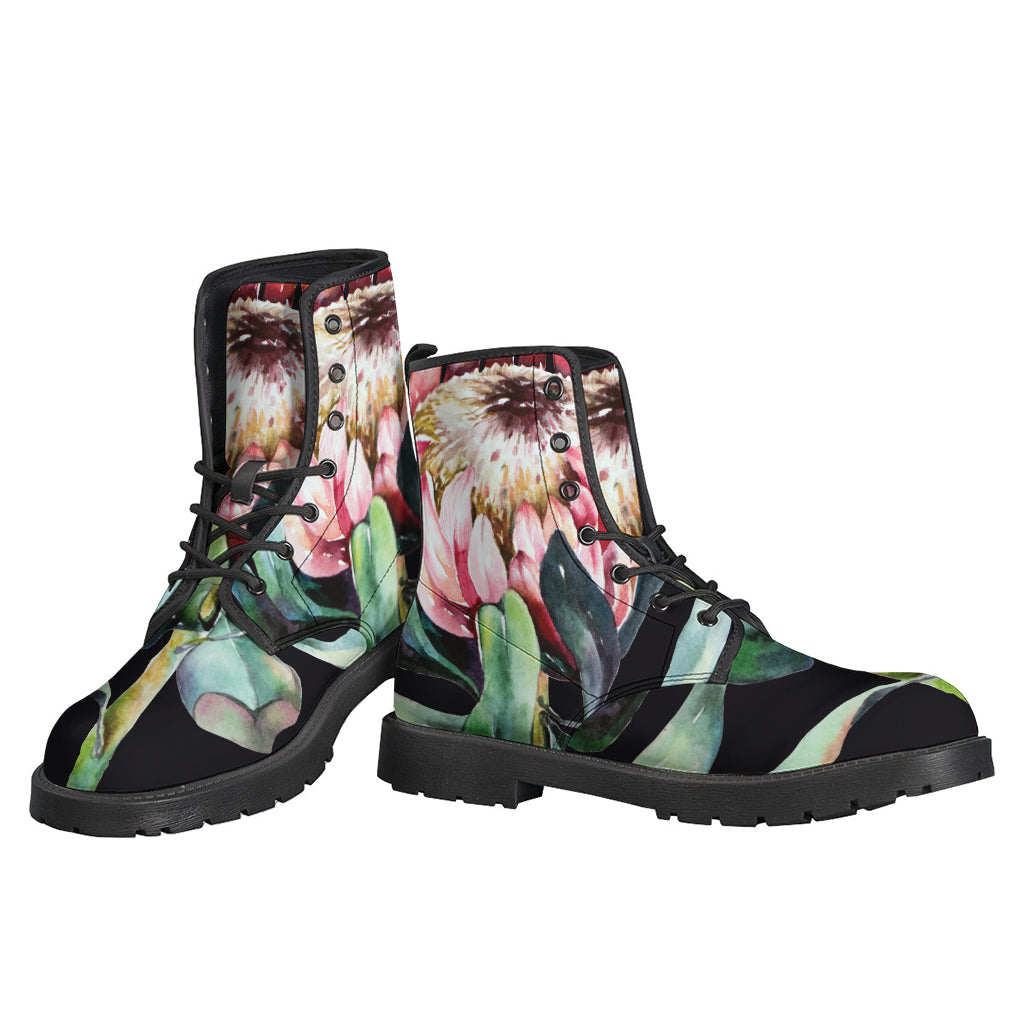 Radiate Peace and Fashion with Protea Flower Print Leather Lightweight Boots - 3