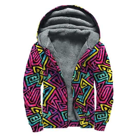 Groovy Vibes: Psychedelic Funky Pattern Print Sherpa Lined Zip Up Hoodie - 1