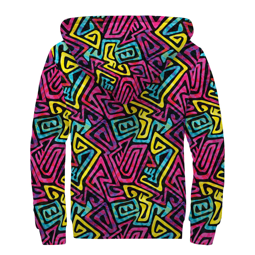 Groovy Vibes: Psychedelic Funky Pattern Print Sherpa Lined Zip Up Hoodie - 2