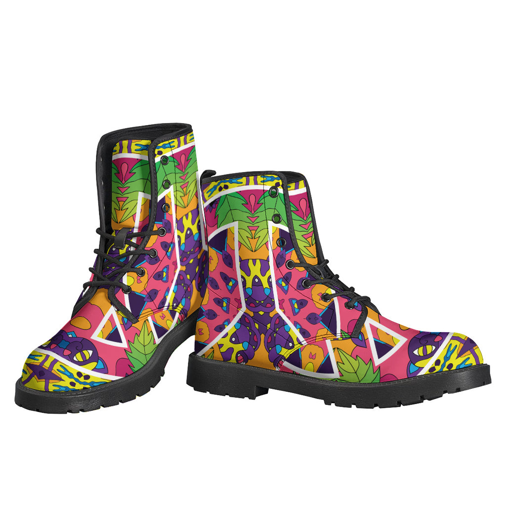 Step out in Style: Psychedelic Hippie Peace Sign Leather Lightweight Boots - 3