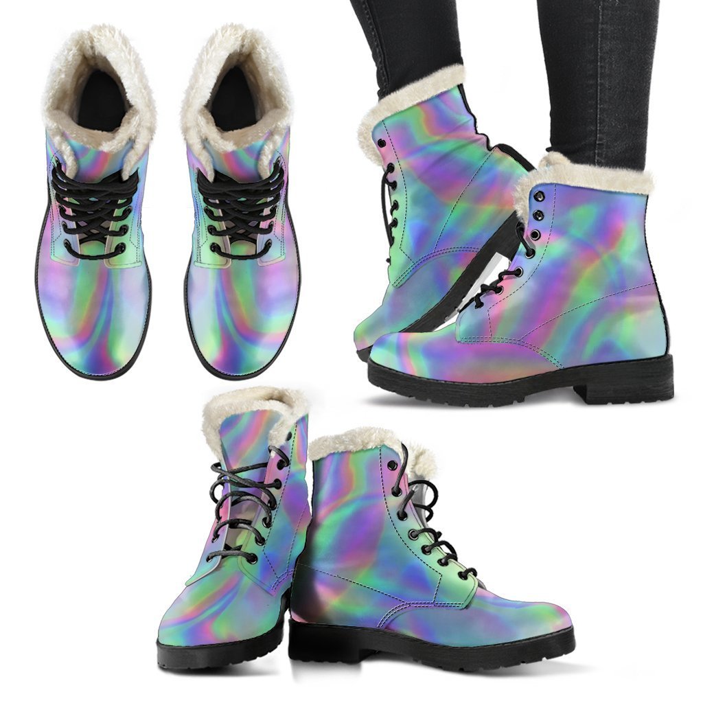 Groovy Hippie Vibes: Psychedelic Holographic Faux Fur Leather Boots - 2