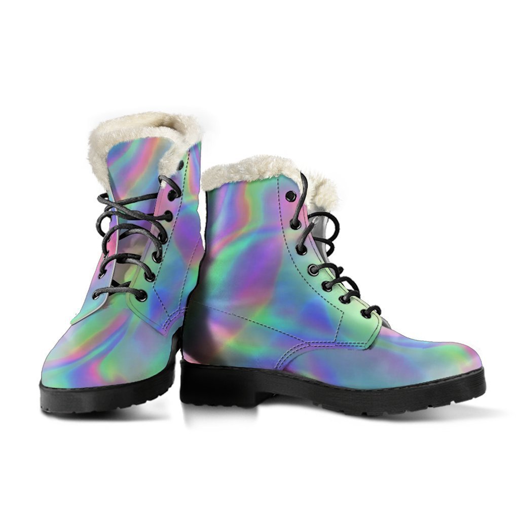 Groovy Hippie Vibes: Psychedelic Holographic Faux Fur Leather Boots - 3