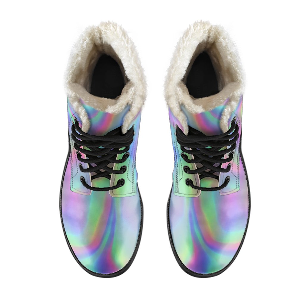 Groovy Hippie Vibes: Psychedelic Holographic Faux Fur Leather Boots - 4