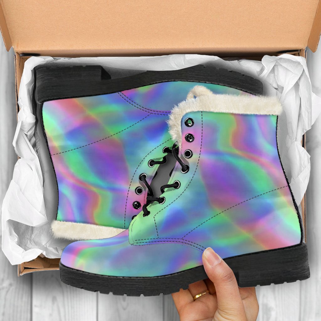 Groovy Hippie Vibes: Psychedelic Holographic Faux Fur Leather Boots - 5