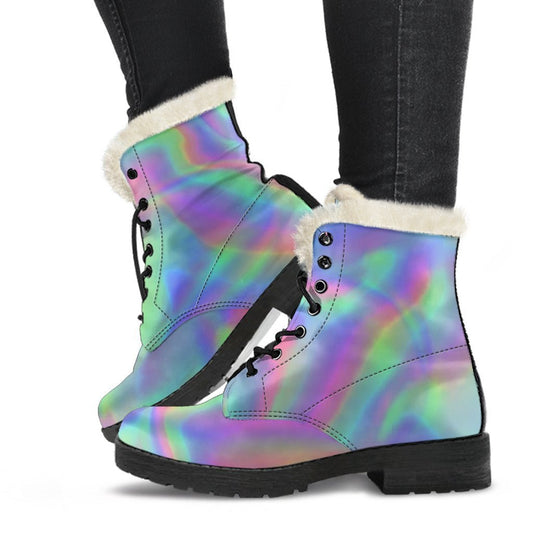 Groovy Hippie Vibes: Psychedelic Holographic Faux Fur Leather Boots - 1