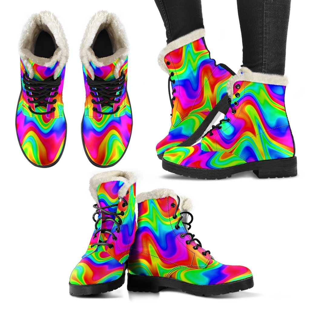 Psychedelic Rainbow Trippy Faux Fur Leather Boots for Groovy Hippies - 2