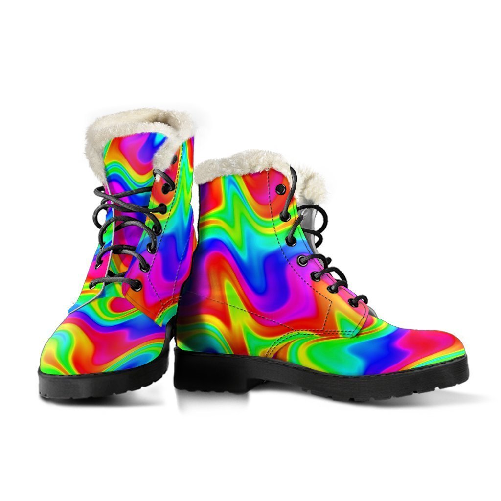 Psychedelic Rainbow Trippy Faux Fur Leather Boots for Groovy Hippies - 3