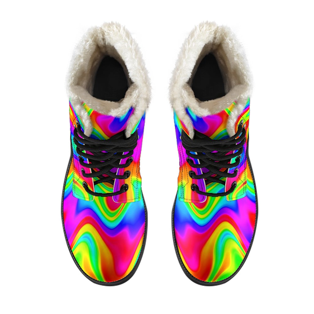 Psychedelic Rainbow Trippy Faux Fur Leather Boots for Groovy Hippies - 4