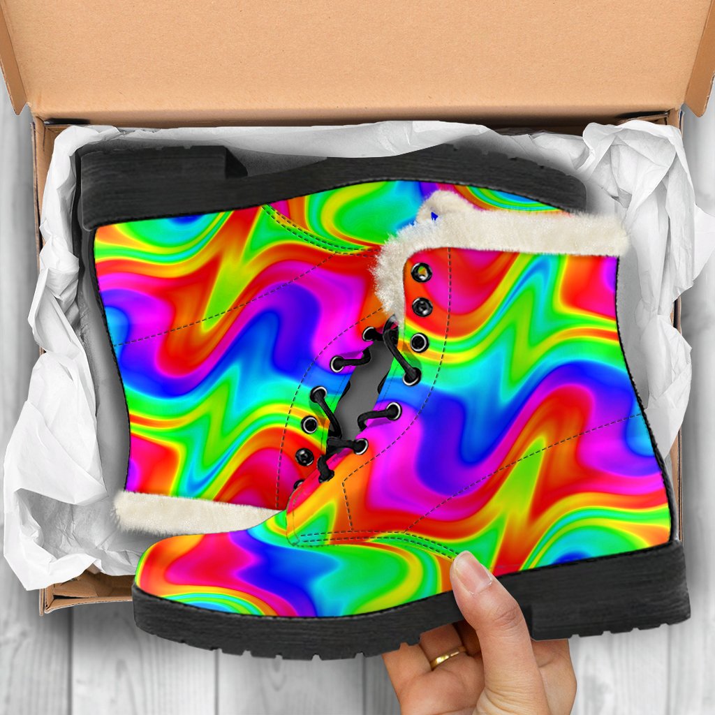 Psychedelic Rainbow Trippy Faux Fur Leather Boots for Groovy Hippies - 5