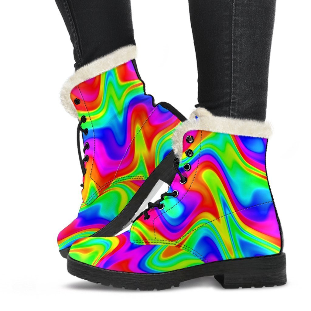 Psychedelic Rainbow Trippy Faux Fur Leather Boots for Groovy Hippies - 1