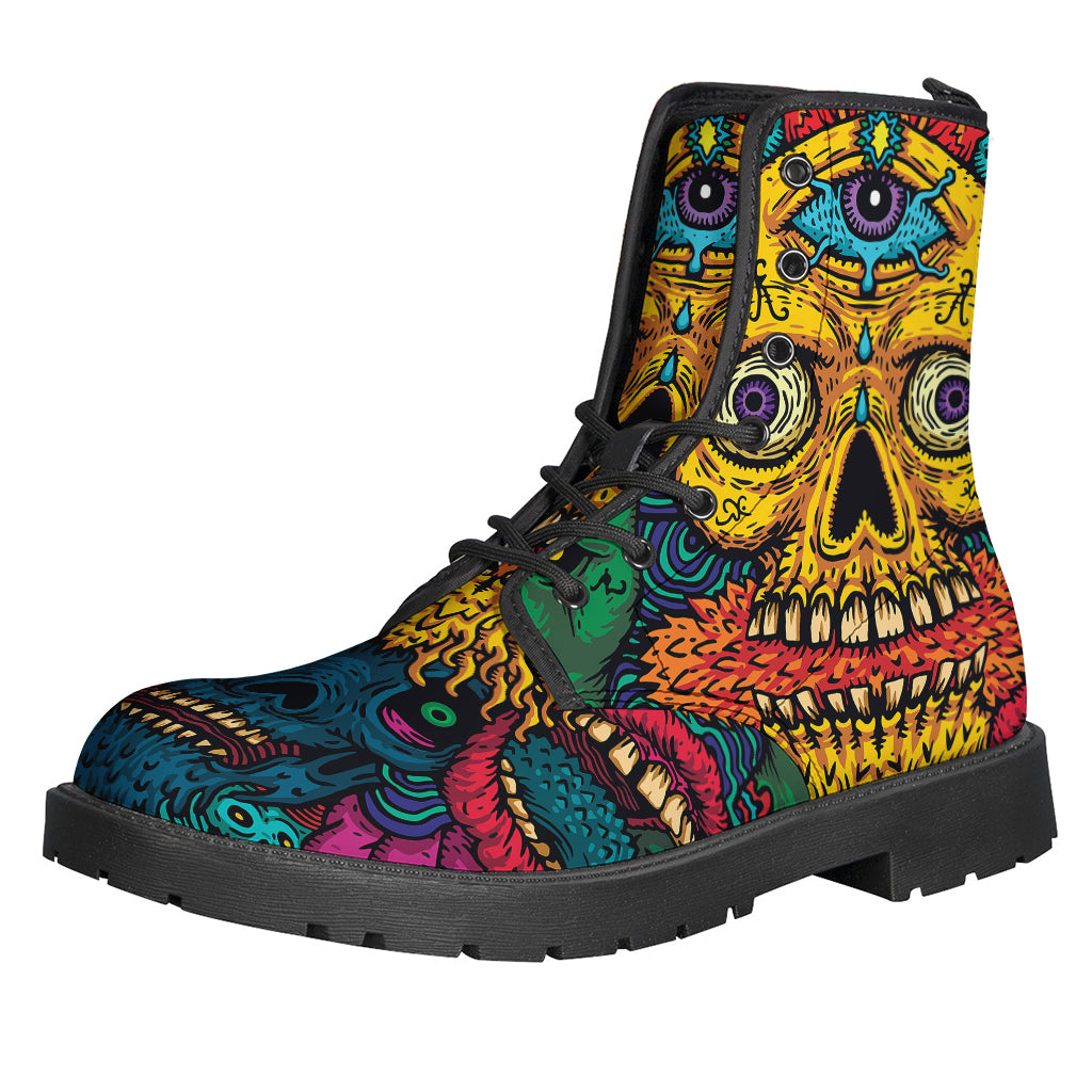 Groovy Skull Print Leather Boots for Free-Spirited Hippies - 1