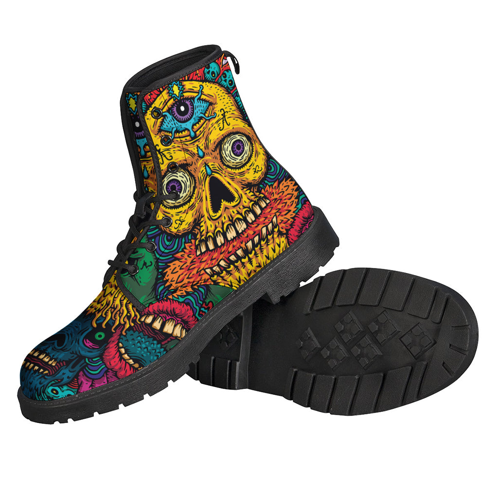 Groovy Skull Print Leather Boots for Free-Spirited Hippies - 2