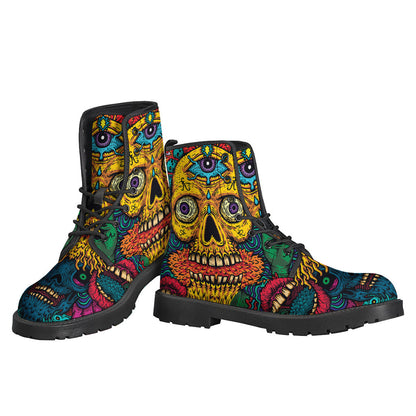 Groovy Skull Print Leather Boots for Free-Spirited Hippies - 3