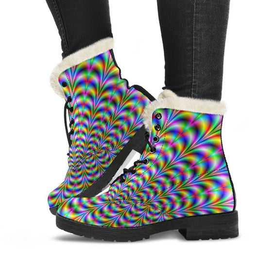 Psychedelic Web Optical Illusion Faux Fur Leather Boots for the Groovy Hippie - 1