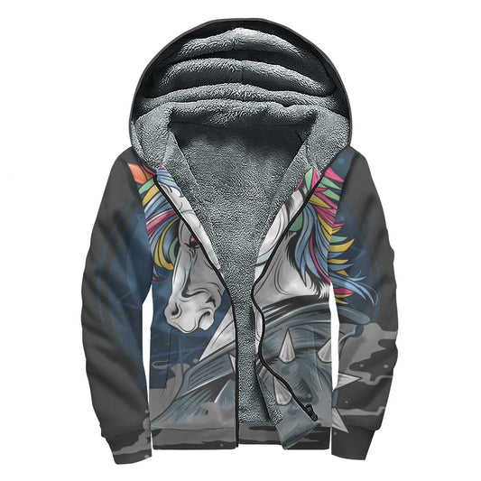 Punk Unicorn Print Sherpa-Lined Zip Up Hoodie: Embracing the Hippie Spirit - 1