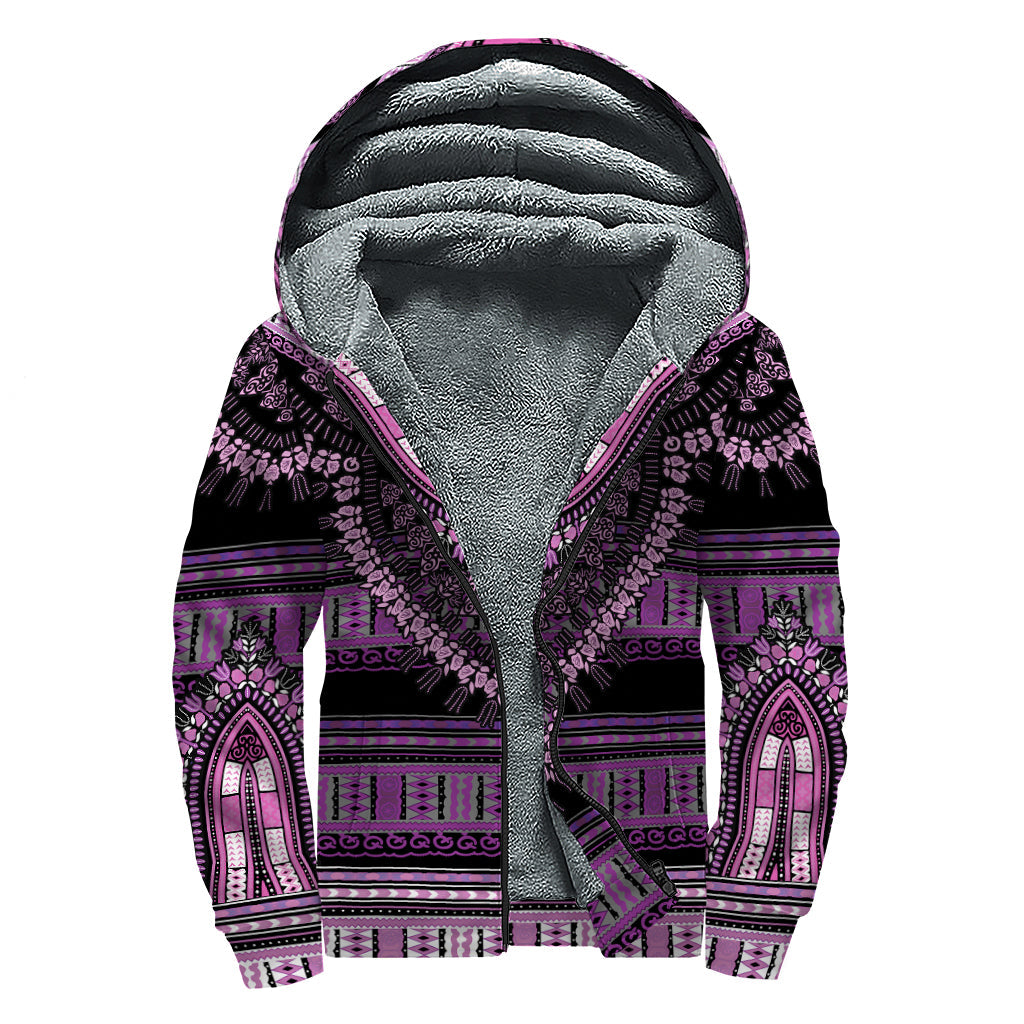 Purple and Black African Dashiki Print Sherpa Lined Zip Up Hoodie: Embrace Your Inner Hippie Style - 1